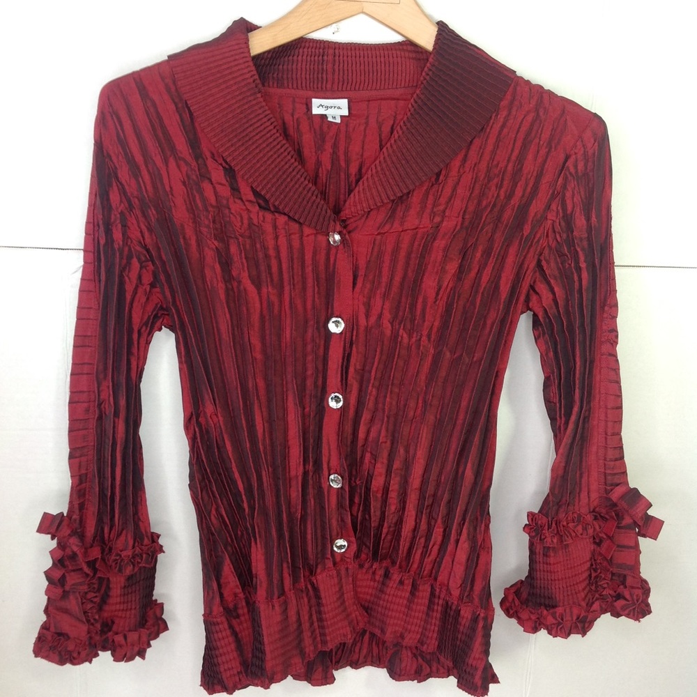 Agora Red Ruffle Blouse Mini Pleat Sleeve Bow